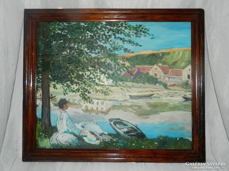 Nő a vízparton - antik olaj / vászon festmény fakeretben