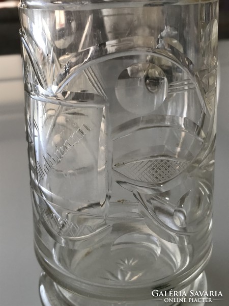 Antique peeled glass cup with tin fitting, 20 cm high