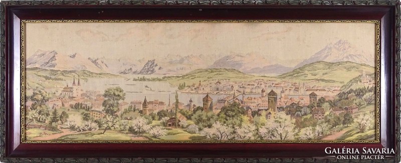 1H945 antique tatra cityscape needle tapestry needlework frame 39 x 95 cm