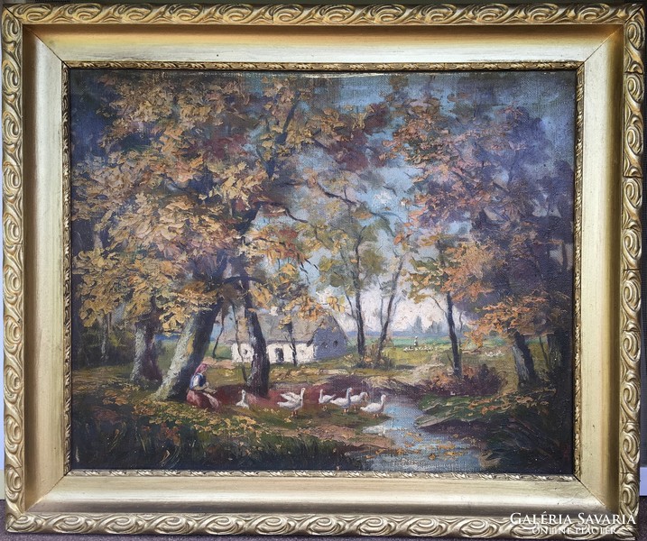 Landscape, village scene with geese, oil painting size 40x60cm