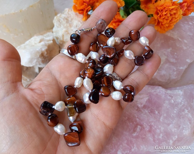 Real term. Red tiger eye-pearl necklace, topaaa