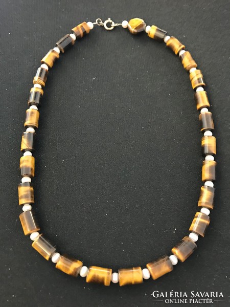New! Tiger eye and cultured pearl necklace! Custom made! 925 Marked with silver lock. 45 Cm
