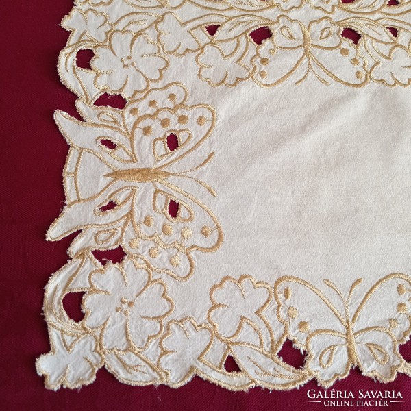 Light beige tablecloth with golden butterfly embroidery, 70 x 75 cm