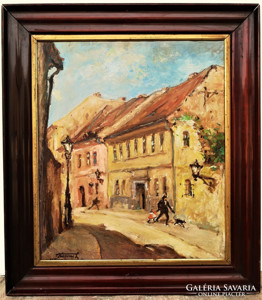Thomas Antal (1889-1967) Budai Vár Vár utca c. festménye Eredeti Garanciával!