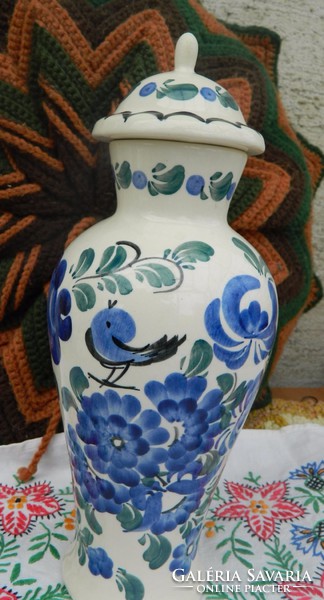 Hand painted large polish urn vase with bird - vase with lid