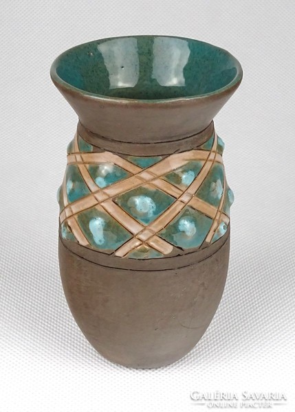1I194 Türkiz zöld mázas kisméretű kerámia váza 11.5 cm
