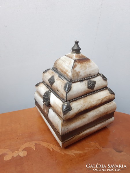 Antique pagoda-shaped jewelry / treasure bone box lined with black velvet