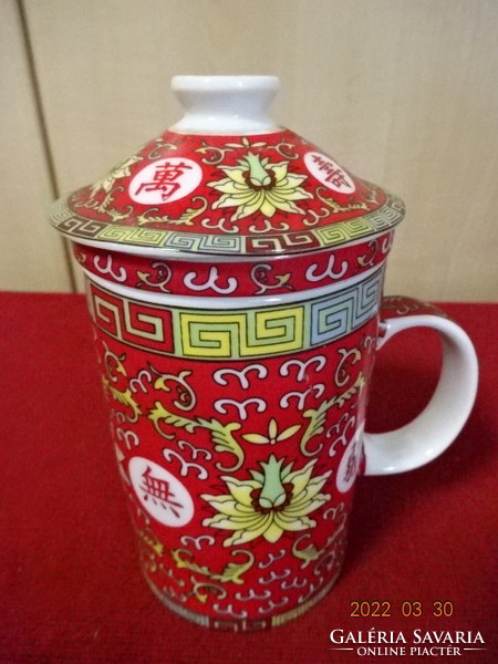 Chinese porcelain tea maker with glass strainer, height 15 cm. He has! Jókai.