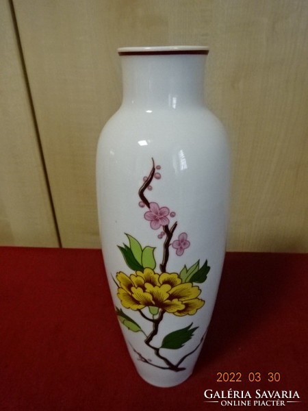 Hollóházi porcelán váza, sárga és rózsaszín virágos, magassága 26 cm. Vanneki! Jókai.