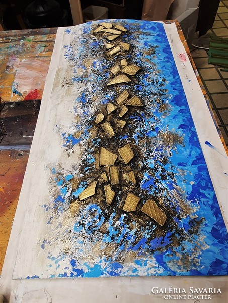 Molnár Ilcsi  "  Kék - arany horizont   "  című munkám - akril absztrakt festmény/plasztika