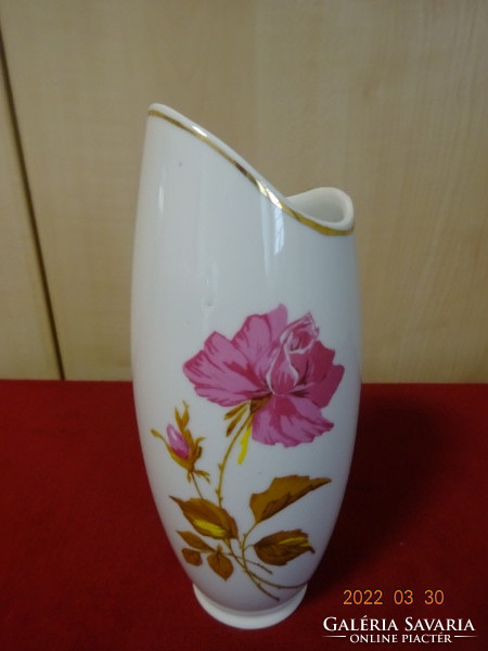 Hollóházi porcelán váza, ciklámen színű virággal, jelölése 508. Vanneki! Jókai.