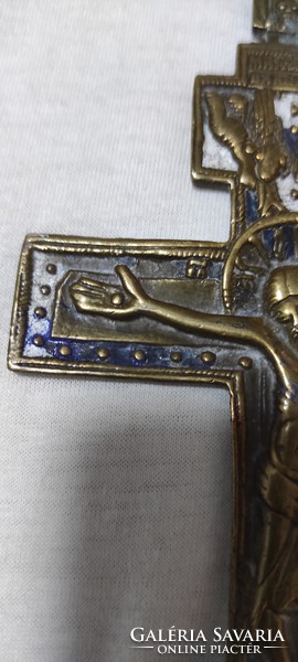 Antique xix. Century bronze cross, enamel crucifix icon orthodox travel icon, wall, jesus christ