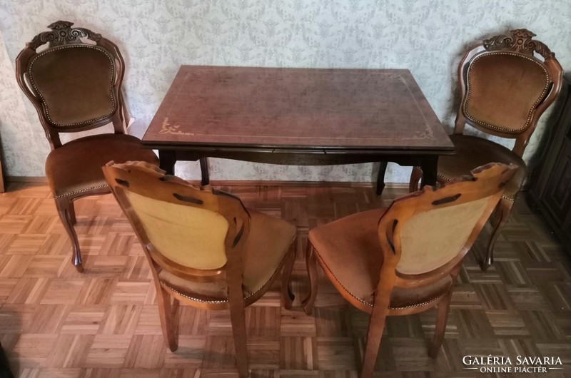 Neobarokk intarziás étkezőasztal, 4 székkel