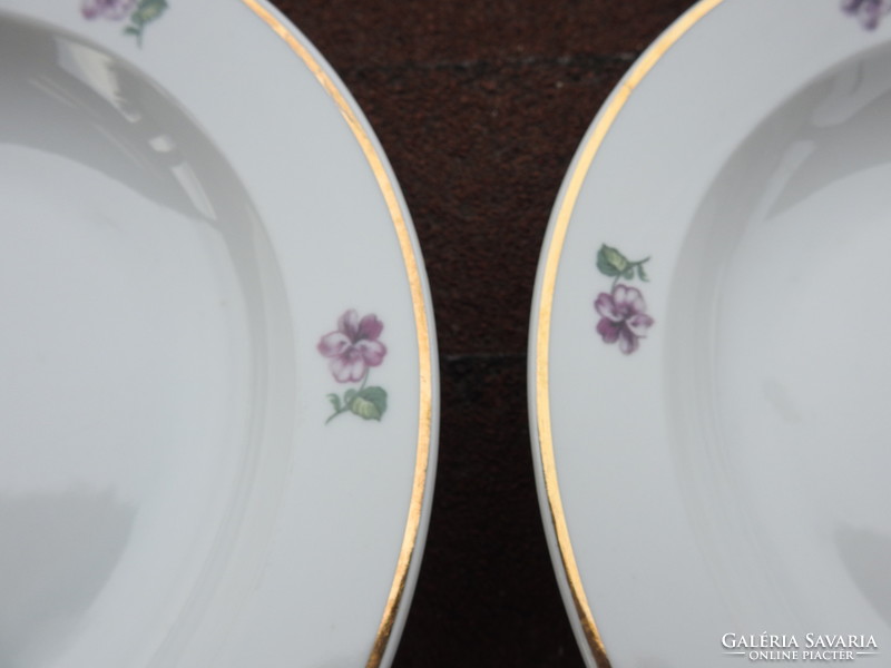 Old zsolnay golden-edged, violet-patterned plate set of 4 deep plates