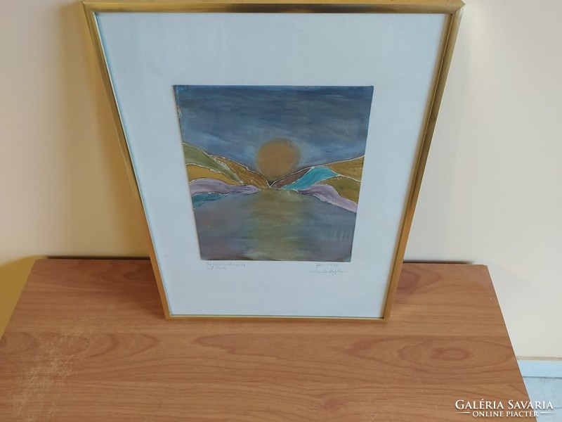 Kis absztrakt napnyugta, szignózott, dekoratív festmény  30x40 cm kerettel