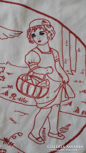 Old pillowcase folk embroidered linen fairy tale pattern red and the wolf decorative pillowcase