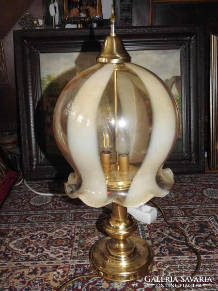 Copper large three-burner table lamp with bell-patterned glass cover