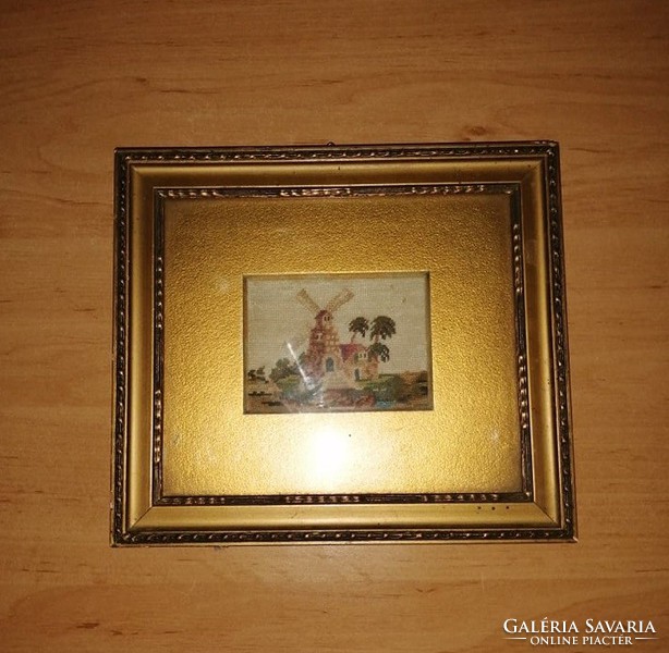 Antik goblein gobelin kép "Szélmalom " üvegezett képkeret 18*20 cm
