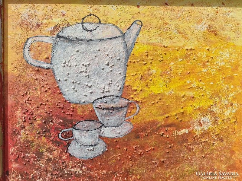 Csendélet teáskanna két csészével olaj farost :67×57 cm
