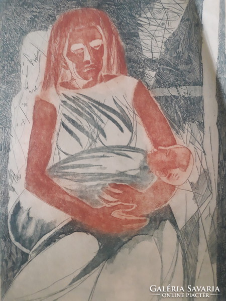 Paul Barczi: mother with child, original marked, colored etching 19612