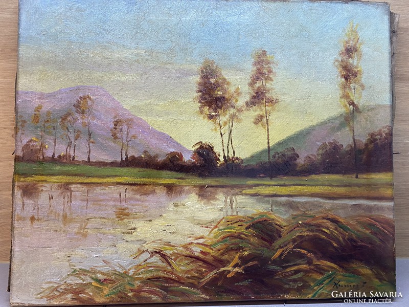 Sunset by the river. Oil painting