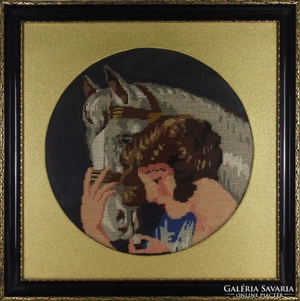 1I549 Antik gobelin : Ló és nő portré 57 x 57 cm