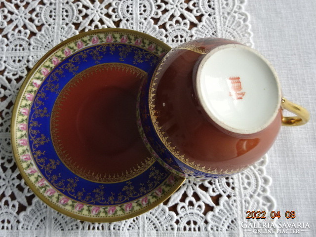 Zsolnay porcelain six-person antique tea set, scene, gold inside. He has!