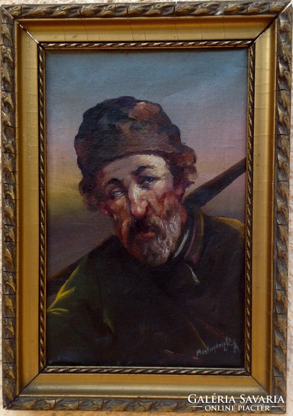 Mednyánszky sign: wanderer with umbrella. Oil on canvas 16 x 25 cm, life picture in gilded frame