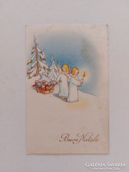 Régi karácsonyi képeslap 1950 rajzos levelezőlap angyalok játékok
