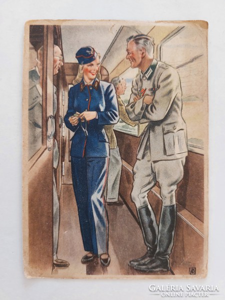 Old postcard 1945 art drawing postcard soldier guide train