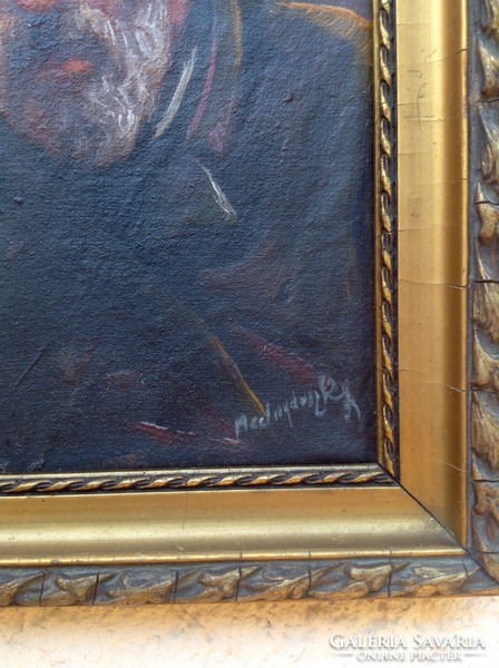 Mednyánszky jelzéssel: Nívósan restaurált Esernyős vándor Olaj, vászon 16 x 25 cm, életkép keretezve
