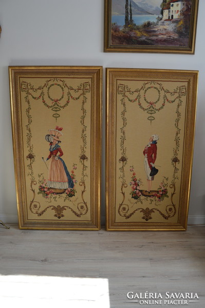 Antik Francia III. Napóleon nagyméretű hímzett kép pár, paraván, falikép