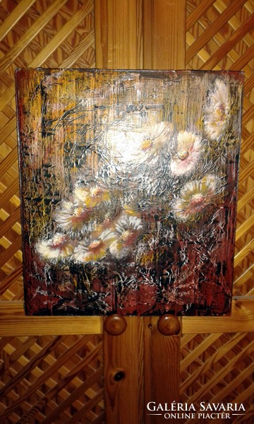 "Rozsdavirágok .Modellpaszta-festmény farostlemezen  35 x 40 cm(sorozat1)