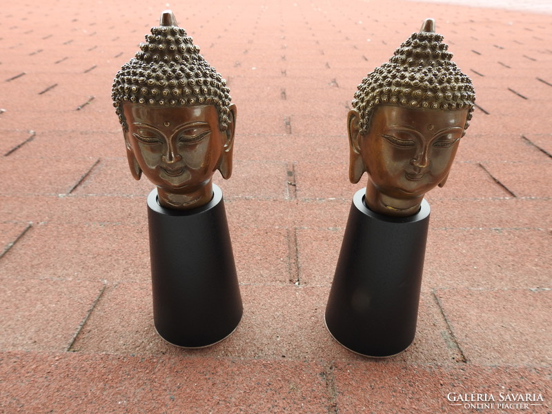 Antique marked - solid bronze buddha head on wooden base