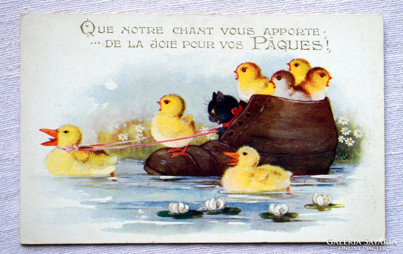 Antik grafikus Húsvéti üdvözlő képeslap csibe kacsa cica cipő