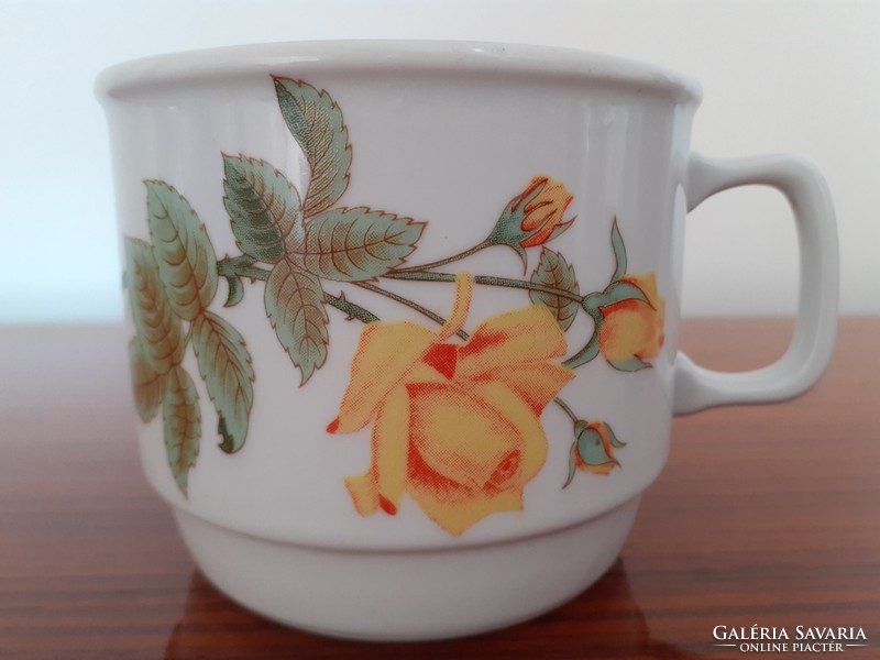Old Zsolnay rose-patterned porcelain mug, yellow rose