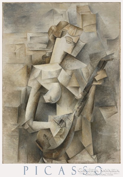 Picasso girl with mandolin 1910 cubist avant-garde painting art poster, young woman nude musical instrument