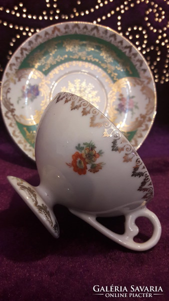 Antik életképes porcelán kávés csésze tányérral (L2462)