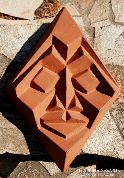 Cubist mask - terracotta relief, large wall decoration