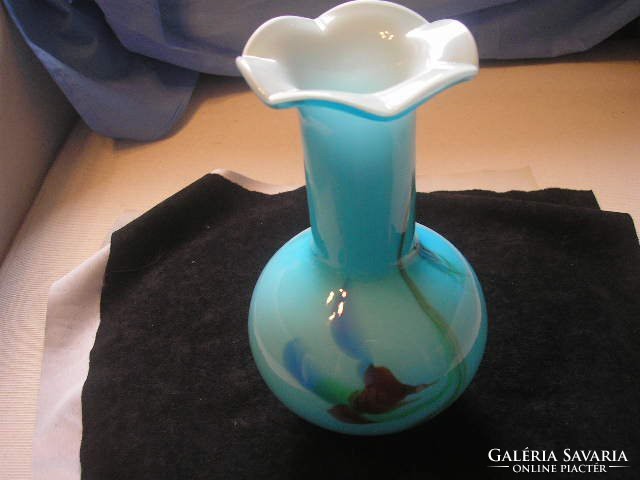 Szecessziós,többrétegű színátmenetes muránói türkiz váza 17 cm