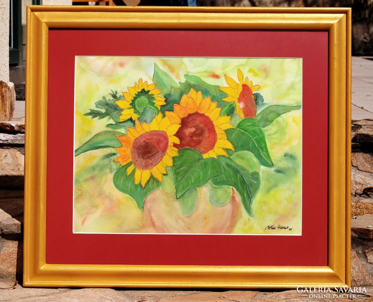 Artur harms: sunflowers, 2001 - large watercolor, framed