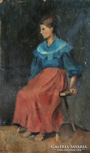 Girl in blue blouse - old oil cardboard, unidentified make up