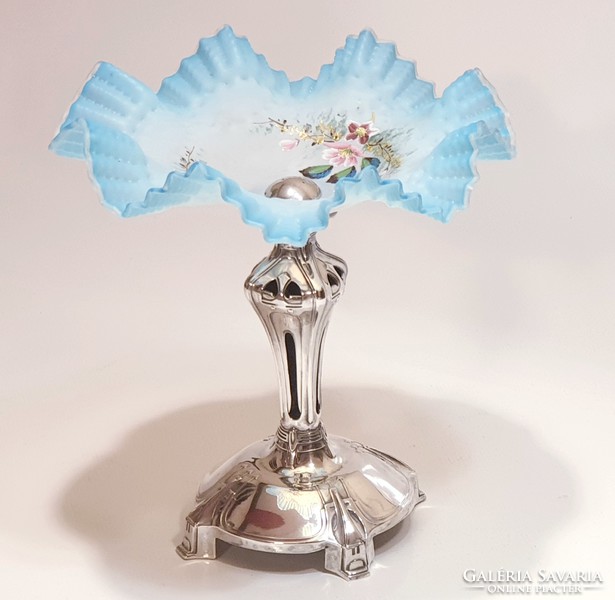 Art Nouveau silver (800) centerpiece, offering, with blue hand-painted glass bowl