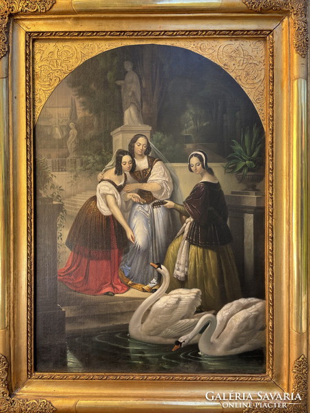 Antique Biedermeyer painting: swan feeding in the castle park