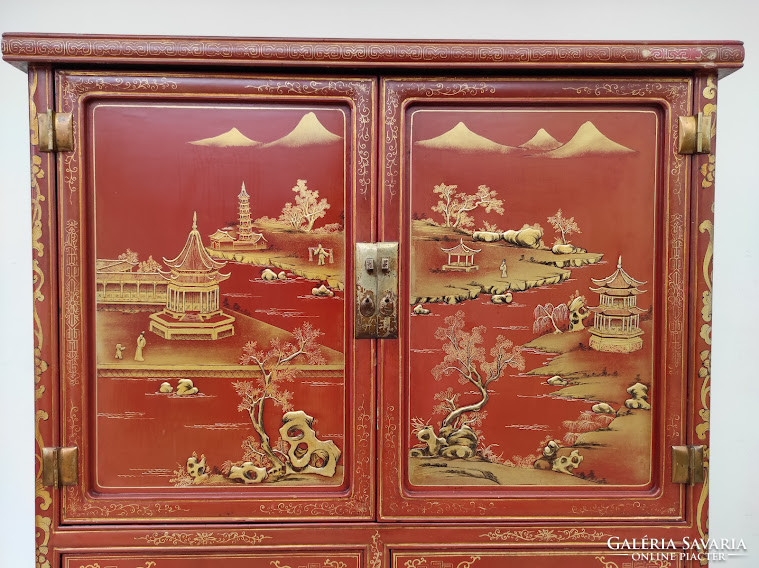 Antik kínai arany dombor festéses angolvörös lakk szekrény 5387