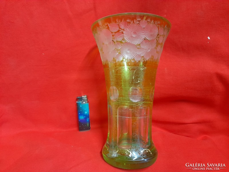 Antique Biedermeier engraved green glass vase with floral pattern. 22 Cm.