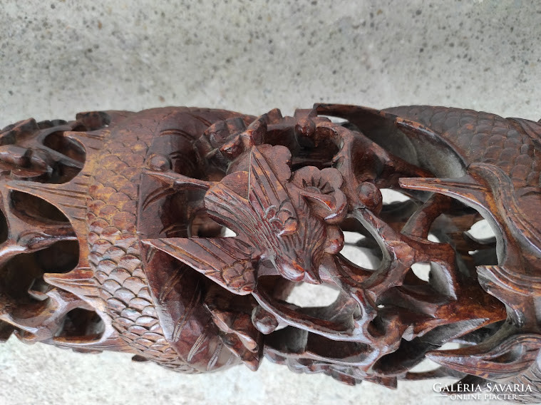 Antik kínai dúsan faragott fa háromlábú oszlop sárkány madár motívum 5386
