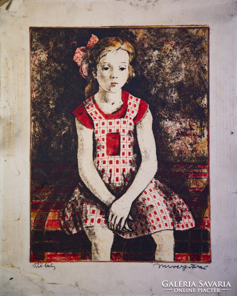 Imre István: Ülő lány, színezett rézkarc 29,5x38,5 cm