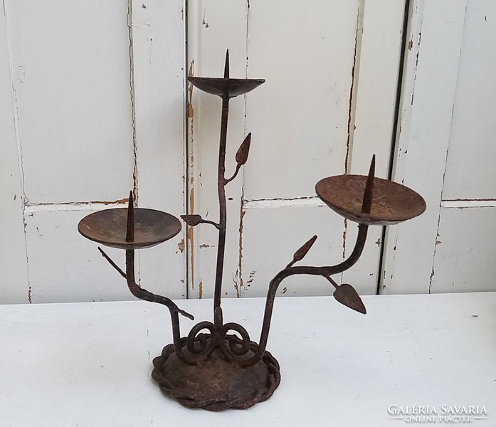 Old iron candlestick with vintage three branches 28 cm