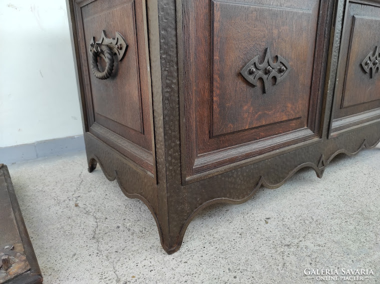 Antique renaissance baroque furniture wrought iron appliqué heavy hardwood wooden chest with heavy iron washer 5392